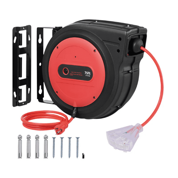 75ft Retractable Extension Cord Reel 14AWG/3C SJTOW Power Cord Red