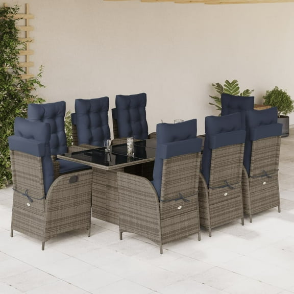 vidaXL 9 Piece Patio Dining Set with Cushions Gray Poly Rattan