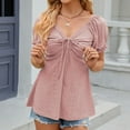thumbnail image 4 of lmcalzta Womens Short Puff Sleeve Tops 2025 Trendy V Neck Tie Front Loose Fitted Solid Blouses Casual Summer Tees, 4 of 5