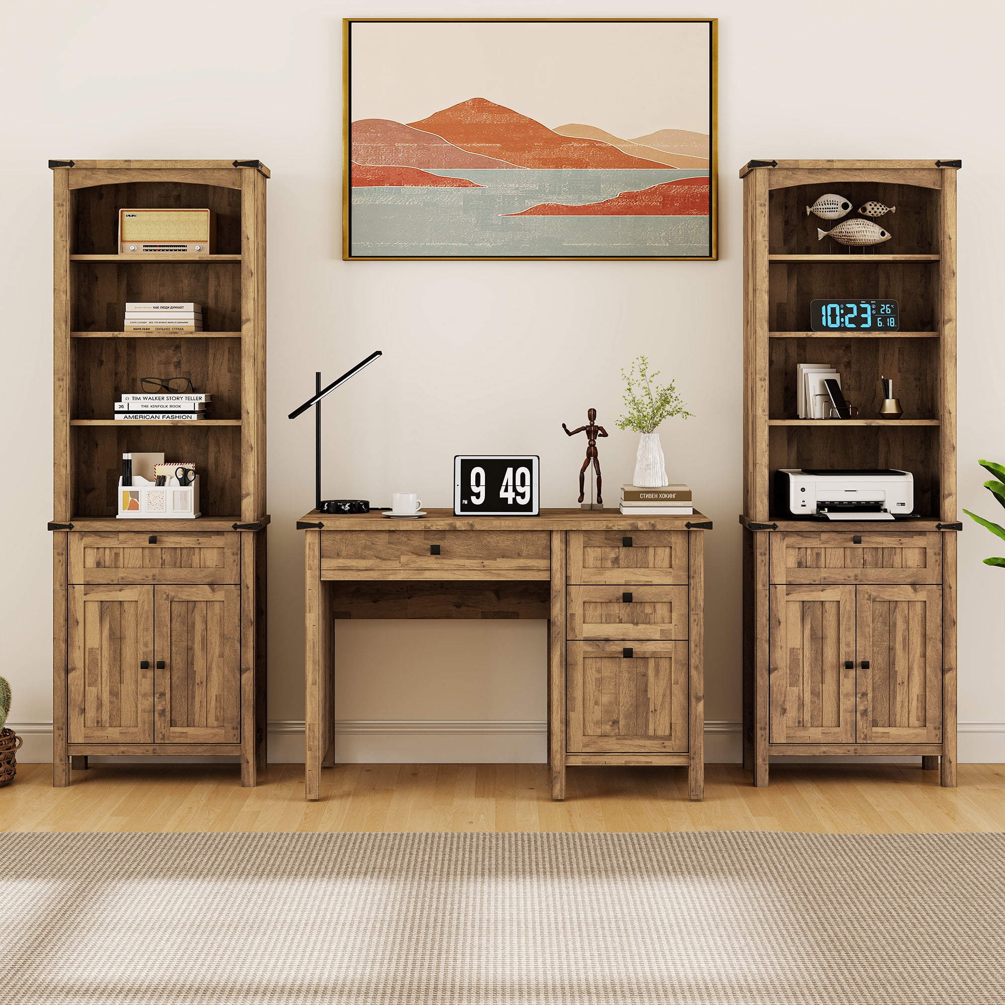 FIAKOA 3 PC Home Office Desk Set, Executive Office Desk Set with Charging Station & Bookshelf Set , Nature