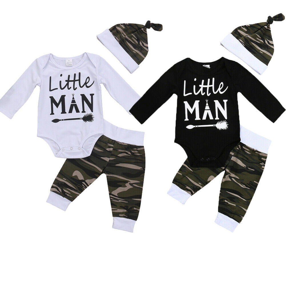 Newborn Kid Baby Boy Romper Tops Jumpsuit Camo Pants Hat Outfit Clothes 3Pcs Set