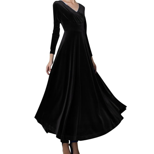 Prolriy Robes d'Invité de Mariage pour Femmes Manches Longues Col en V Robe en Velours Doré Robes de Soirée pour Femmes 2025 Robe Formelle Noire m
