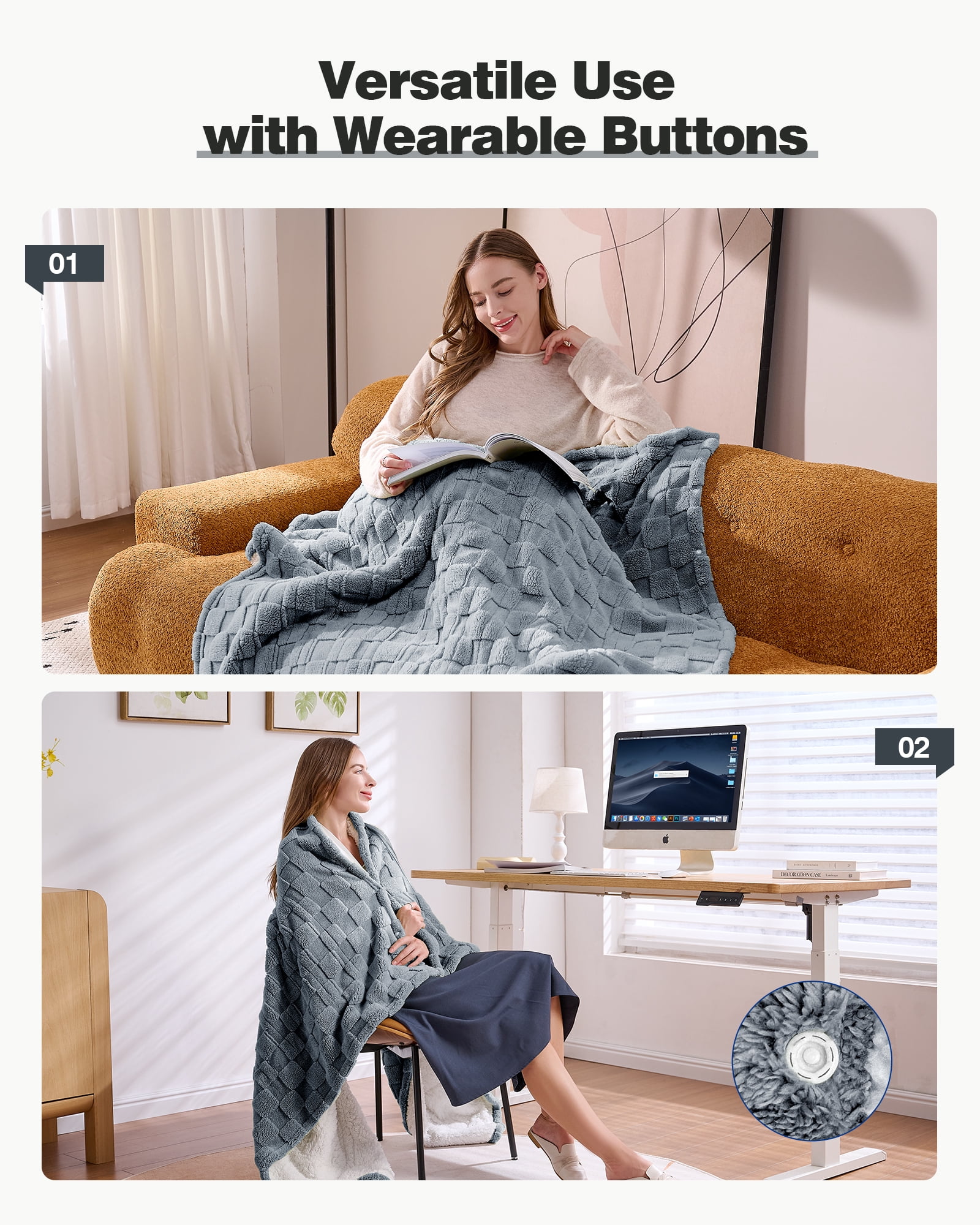 Ocuuziisu 50" × 60" Heated Throw Blanket — 9 Heat Levels, 1–10H Timer, Fast Even Warming Electric Blanket Throw, Machine Washable — Green & Gray
