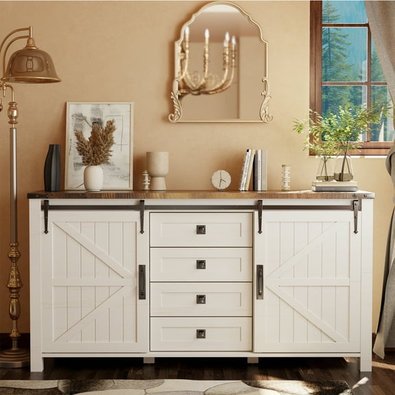 OKD Farmhouse Sideboard Buffet Cabinet with 4 Drawer Storage, Antique White