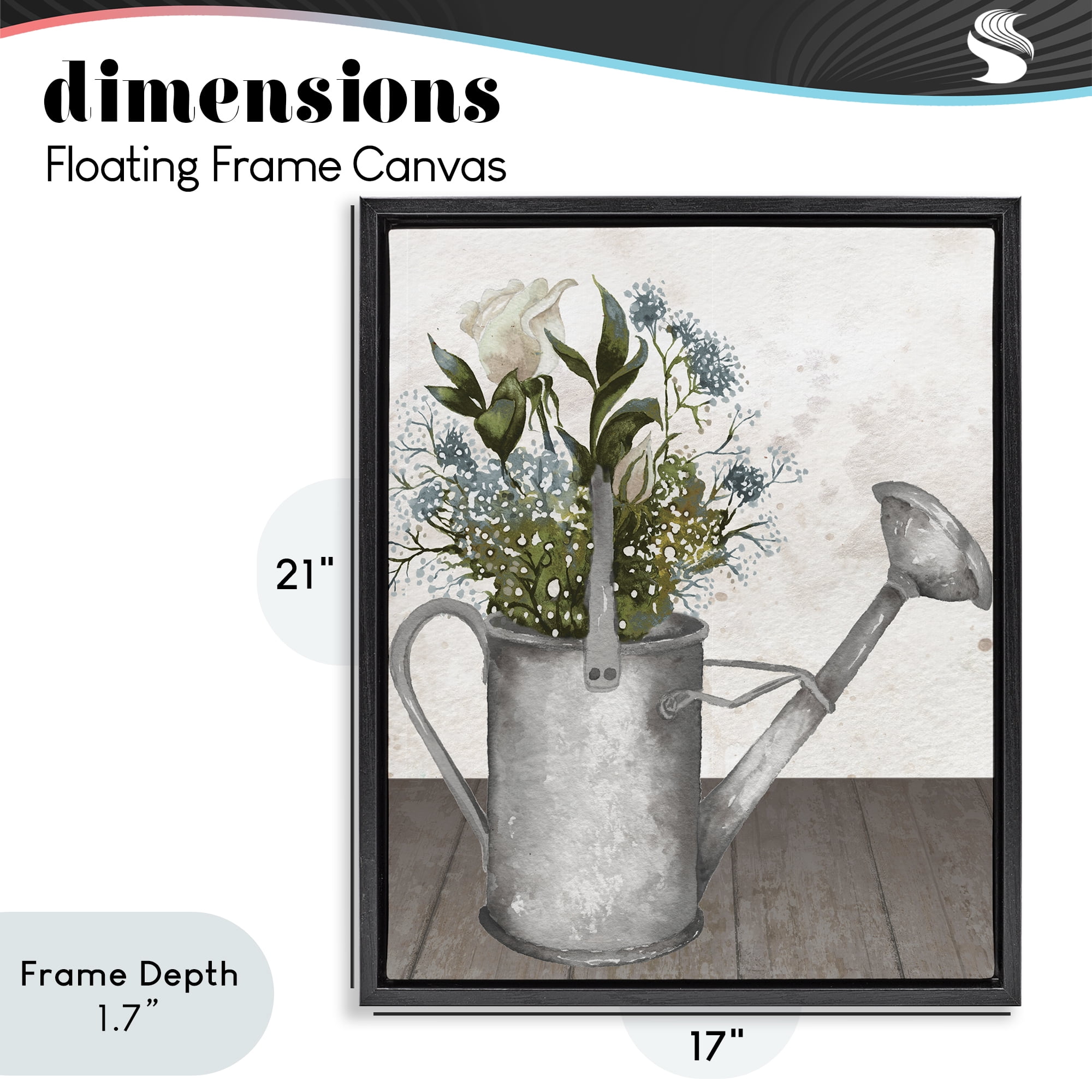 Stupell Industries Floral Pitcher Watering Can Black Framed Floater Canvas Wall Art, design by Elizabeth Medley