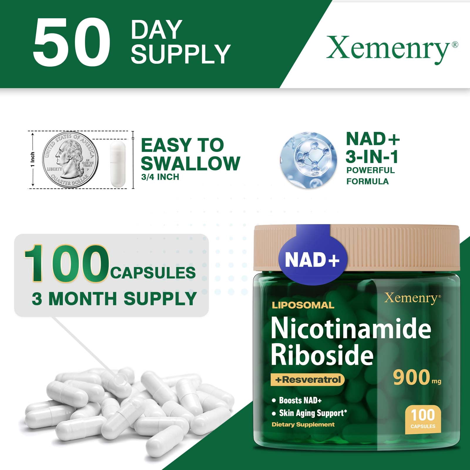 Nicotinamide Riboside 900mg - with Nicotinamide Riboside & Resveratrol - Boosting NAD+ Levels, Supports Healthy Aging, Anti-aging - 100 Capsules