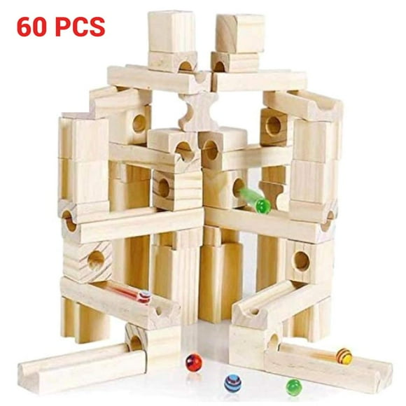 stanreset 60pcs Kids Wooden Track Blocks Children's Educational Assembled DIY Building Blocks Pipe Ball Toy Children Gifts Natural
