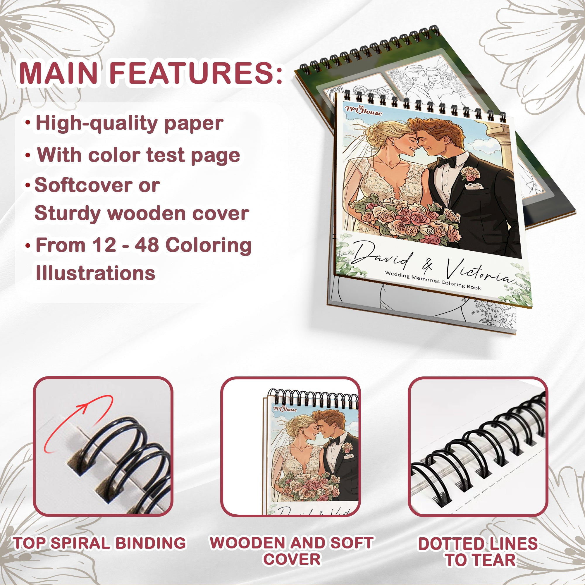 Personalized Wedding Memory Coloring Book for Adults – Custom Coloring Pages from Your Wedding Photos , 12–48 Pages, Memory Keepsake Gift, Premium Wooden Cover, Spiral Binding