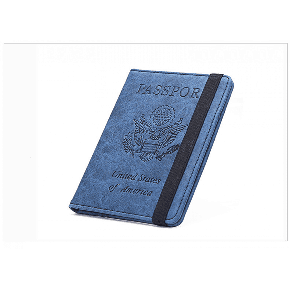 Passport and Vaccine Card Holder Combo - Leather RFID Blocking Wallet with Elastic Strap Travel Cover Case for Passport, with USA CDC Vaccination Card Slot, Blue