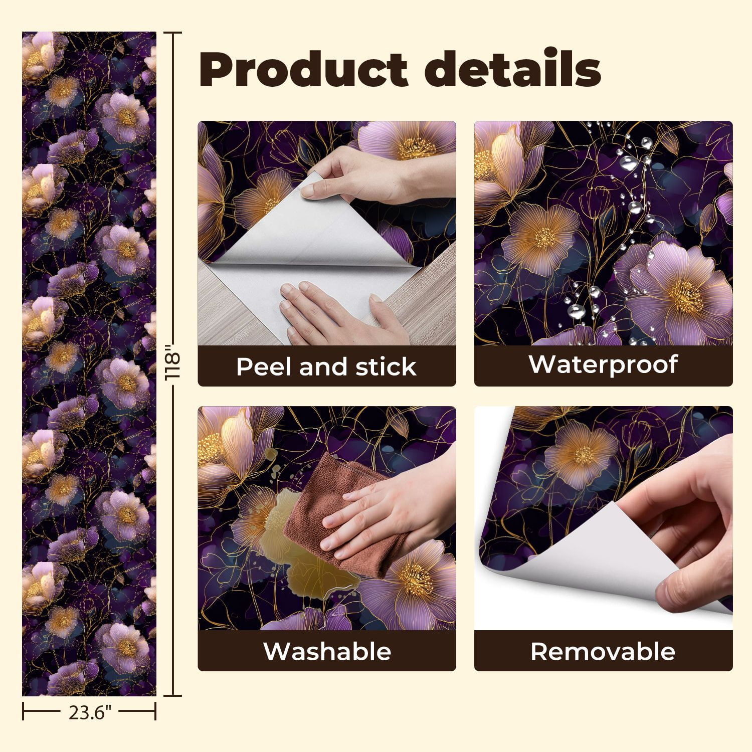 Peel and Stick Wallpaper Elegant Floral Purple Gold Flowers Dark Wall Mural 23.6in x 9.8ft Self Adhesive Removable Wall Paper Renter Friendly Wallpaper for Nursery Bedroom Cabinets