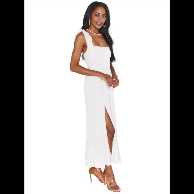Vestido de Verano con Escote Cuadrado y Volantes para Mujer, Ideal para Bodas, Fiestas, Damas de y Salidas Nocturnas. Crema XL