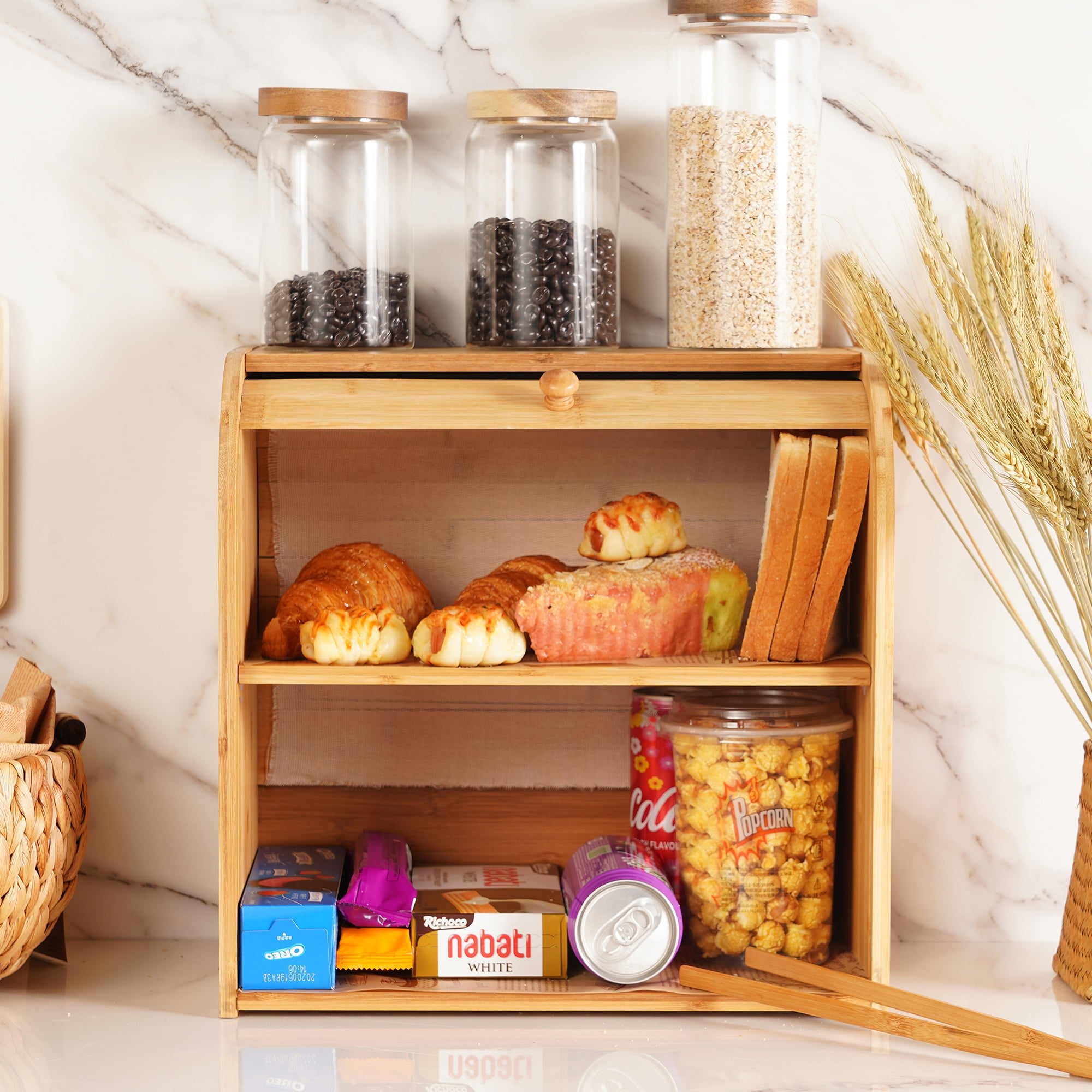 Large Wood Bread Box Roll Top Bamboo Countertop Bread Storage Boxes Two