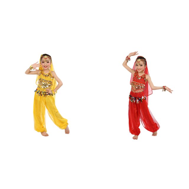 (2-Pack) Rinsvye Kids Belly Dance Glitter Mesh Performance Outfit Festival Wear Stage Show Net Skirt Top Set Dance Party