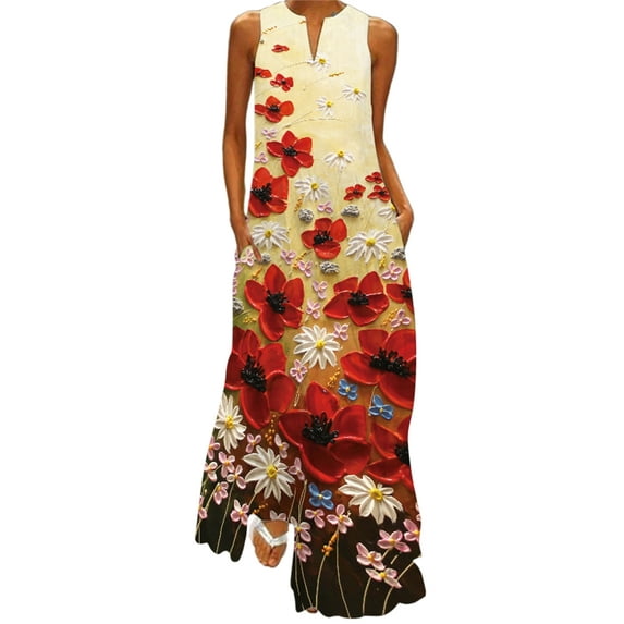 Niuer Women Tank Dress V Neck Summer Beach Sundress Floral Print Long Maxi Dresses Bohemian Sleeveless Style F L