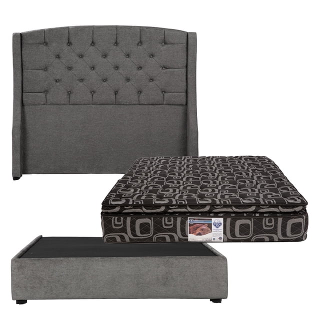 Box Base Cama Matrimonial+Cabecera Sitka Gris Oscuro+Colchon Spring Air Morgan