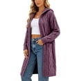 thumbnail image 2 of Bzdzmqm Cable Knit Hooded Cardigan for Women Long Open Front Sweater Coat with Pockets Loose Cozy Knitwear Trendy Casual Fall Winter Outerwear Evening Work Office, Purple XL, 2 of 7