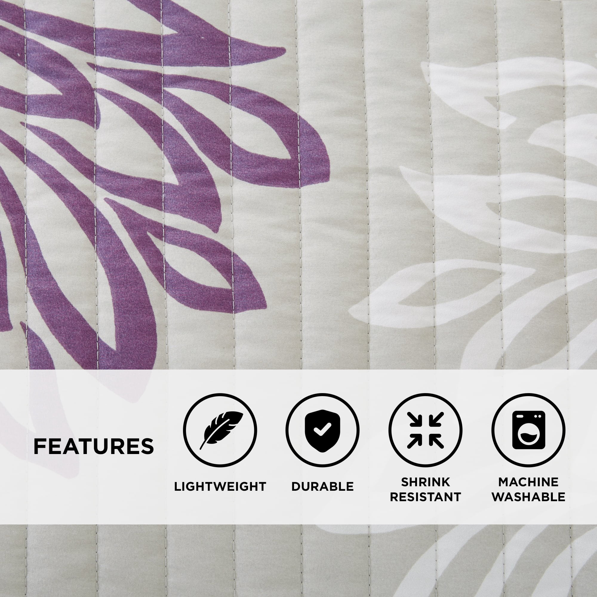 Comfort Spaces Full/Queen Size Quilt Set, 3-Piece Floral Bedspread Bedding Set, Purple and Gray Coverlet Set for All Season, Lightweight Comforter Set
