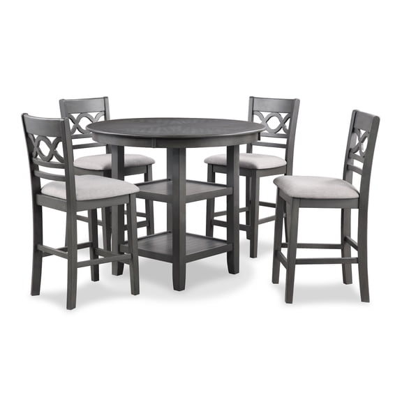 New Classic Furniture Cori 5 Piece Wood Round Counter Dining Set, 1 Counter Dining Table And 4 Chairs, 42 Inch, Gray