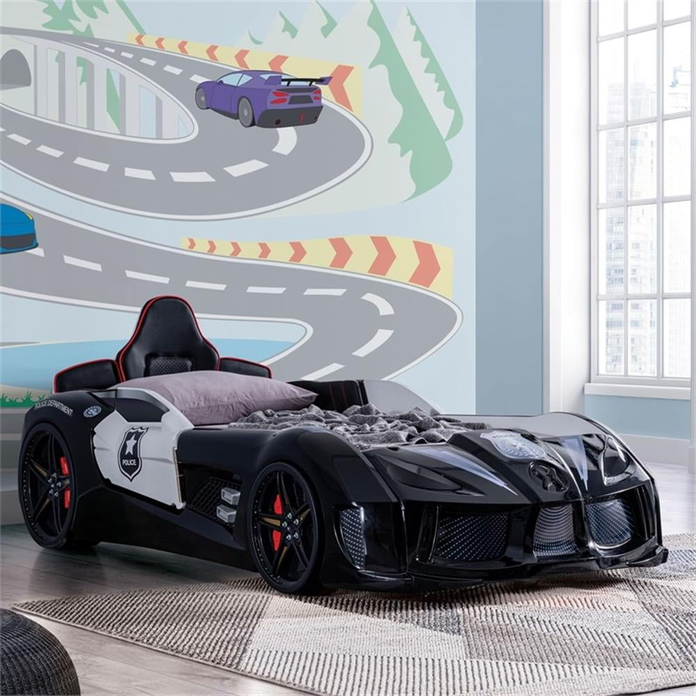 Pemberly Row Plastic Twin Race Car Bed with LED Light in Black