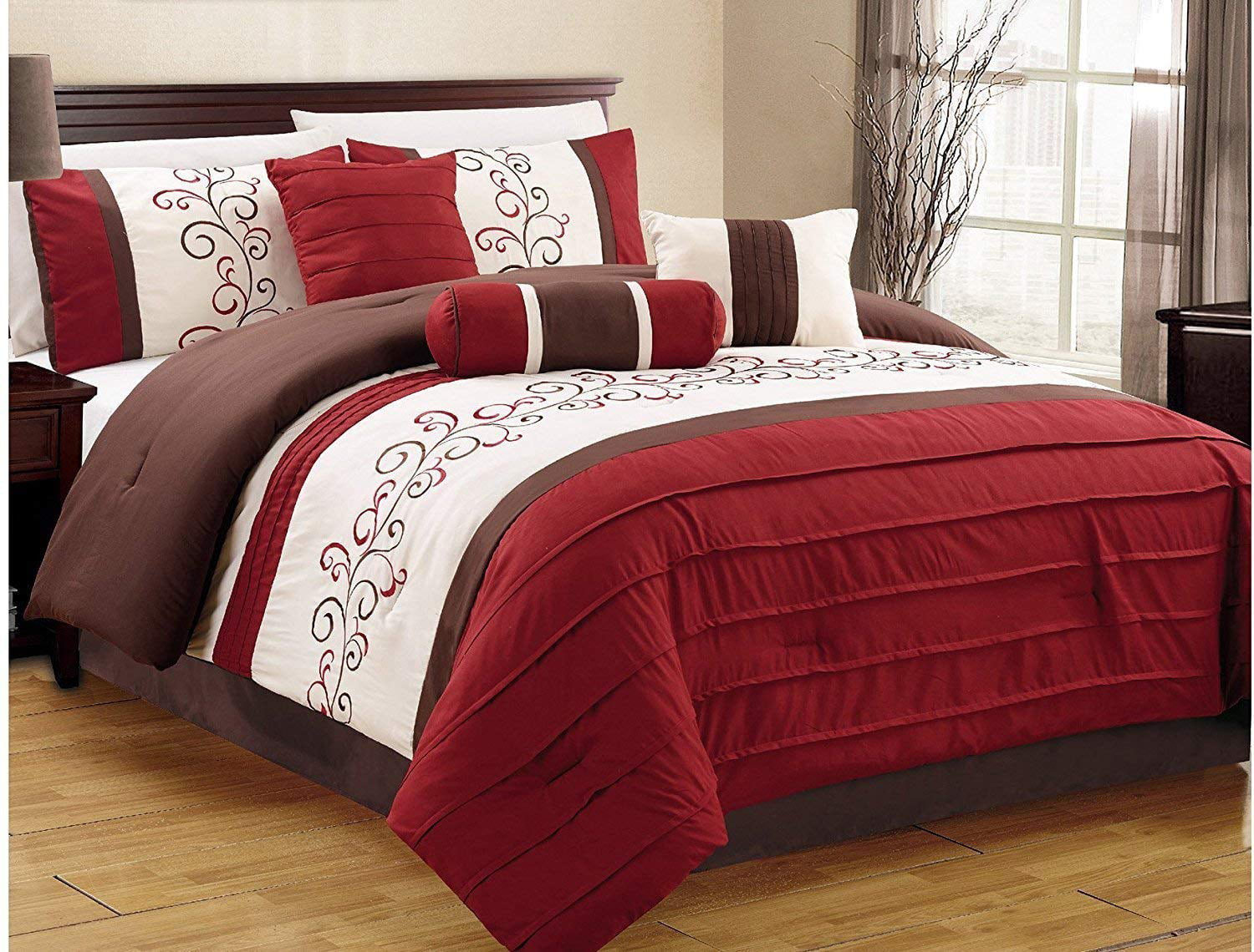 7 Pcs Burgundy Luxury Microfiber Bedding Sets Bedroom Comforters Cal King Size 