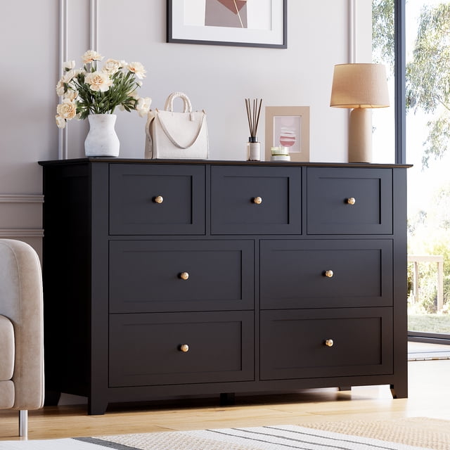 Commode Moderne à 7 Tiroirs, Commode en Bois pour Chambre, Commode Double à Rangement Profond pour Salon, Couloir, Organisation d'Entrée