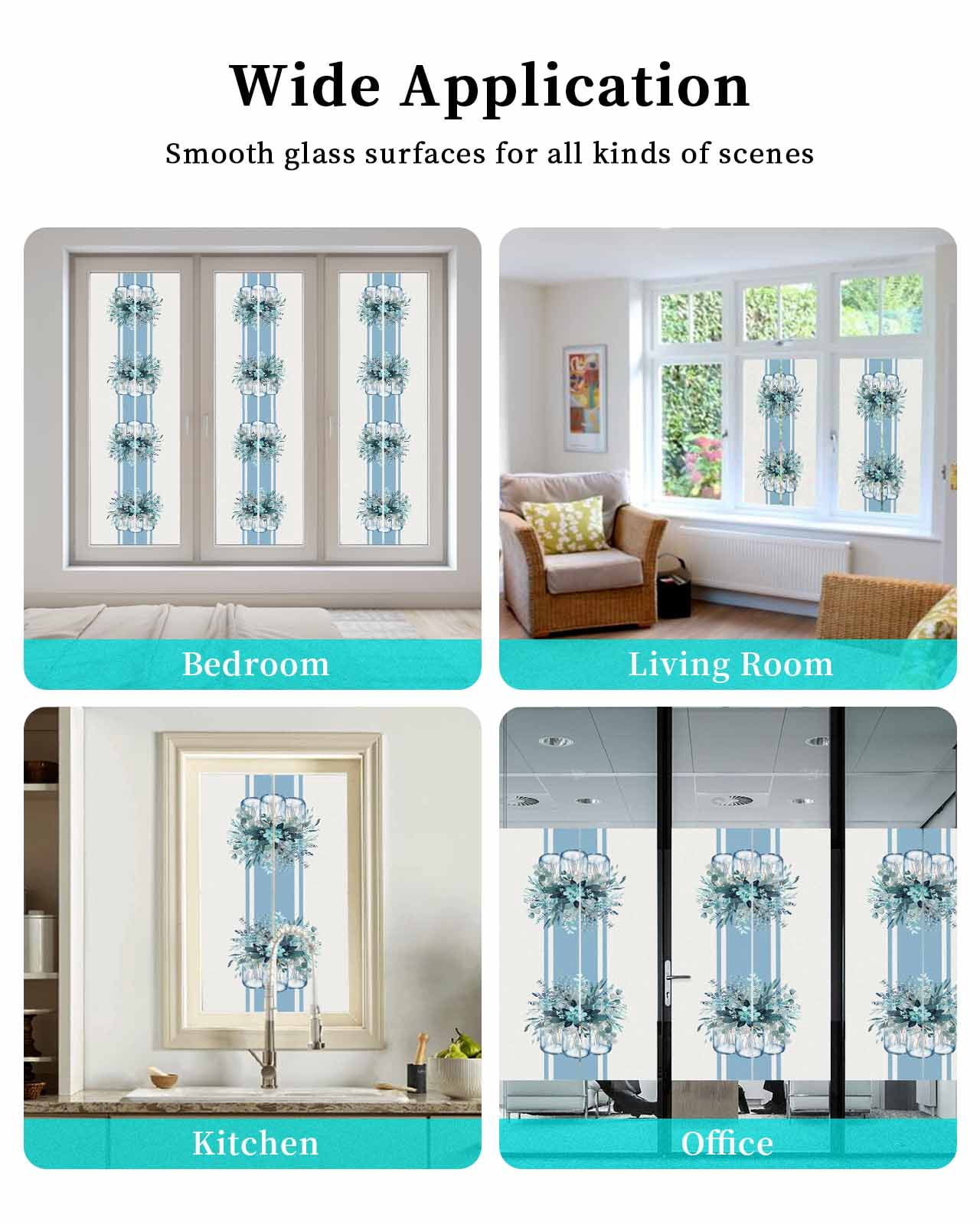 Window Privacy Film, Blue Eucalyptus UV Sun Blocking Window Tint Film Heat Control One Way Blackout Window Film, Spring Summer Floral Leaves Botanical Flowers Non Adhesive Static Cling 17.7x39.3 In