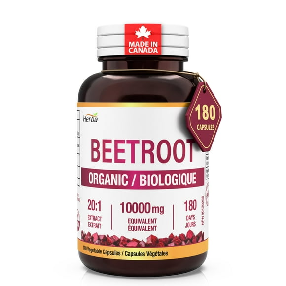 Herba Organic Beet Root Supplement 10,000mg – 180 Vegetable Capsules | 20:1 Beet Root Powder in Capsule | Made in Canada