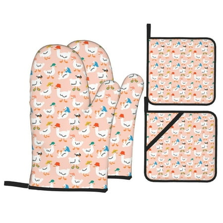 

Oven Mitts and Pot Holders Sets 4 pcs - Cute Ducks In Hats Heat Resistant Silicone Oven Gloves with Non-Slip Silicone Surface and hot pads for kitchen Baking Cooking BBQ