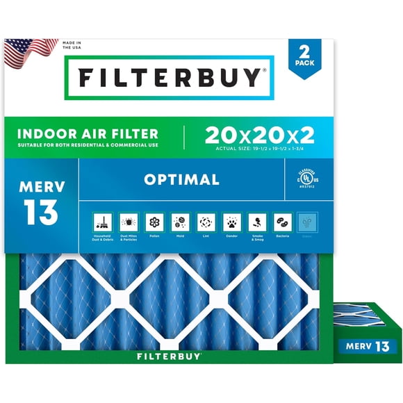 Filterbuy 20x20x2 MERV 13 (MPR 1900) Health Defense, Pleated HVAC AC Furnace Air Filters (2-Pack)