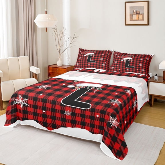 Homewish Christmas Buffalo Twin Sheet Set, Cute Initial L Letter Teens Bedding, 3pcs