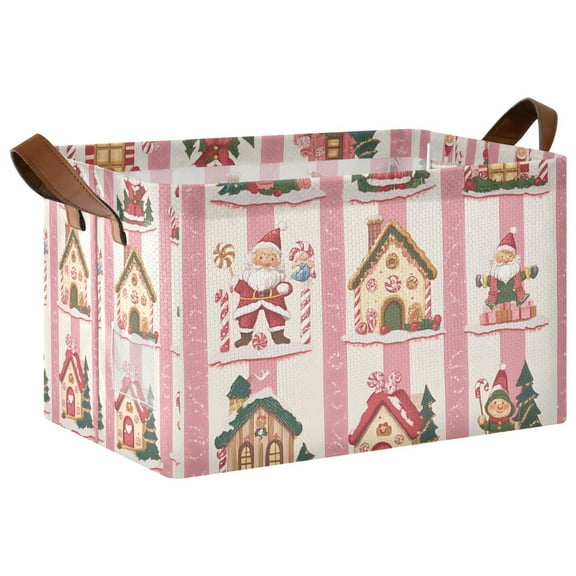 Yayeee Foldable Storage Basket for Shelves with Handles Waterproof Cloth Bins, Green Christmas Houses