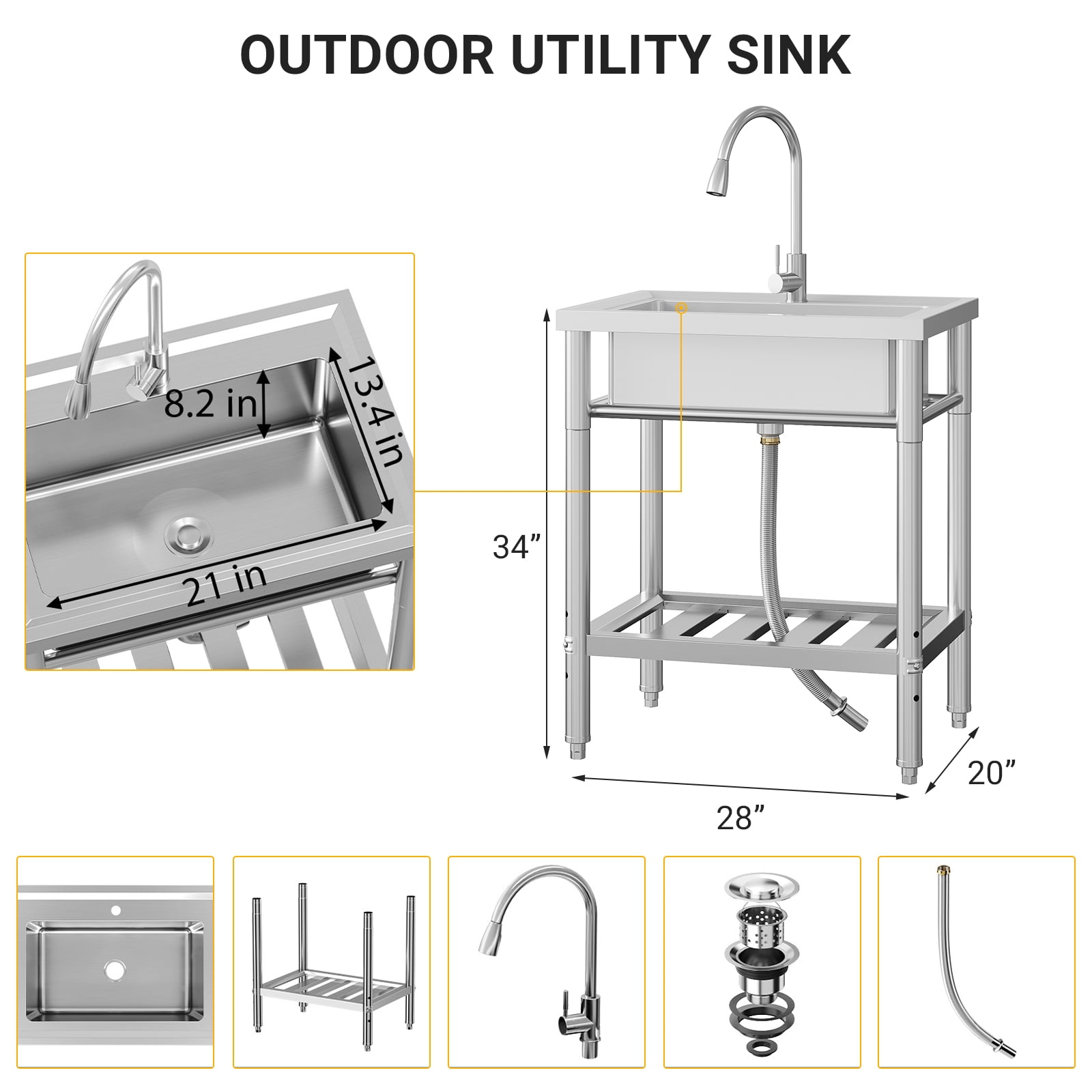 Freestanding Commercial Stainless Steel Sink,Single Bowl Kitchen Sink with Water Pipes,Adjustable Legs,Suitable for Laundry Room,Farmhouse(Water Pipe)