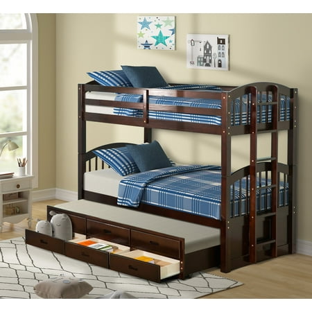 Tkoofn Twin Over Twin Bunk Bed With Trundle For Kids Storage Wood