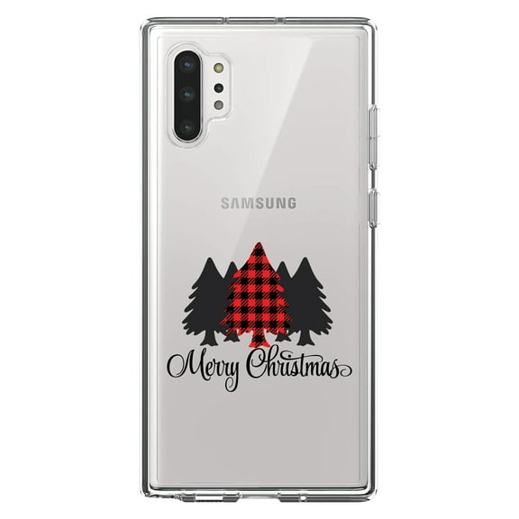 DistinctInk Clear Shockproof Hybrid Case for Galaxy Note 10 PLUS (6.8" Screen) - TPU Bumper Acrylic Back Tempered Glass Screen Protector - Merry Christmas Plaid Tree
