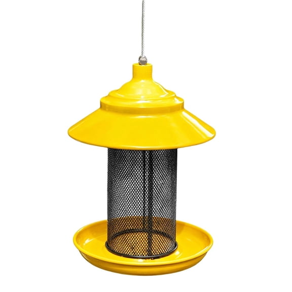 Finch Feeders for Outside, Metal Mesh Tube Bird Feeder with Weatherproof Roof, Hanging Outdoor Seed Feeder with Tray for Yard, Thistle Bird Feeders for Outdoors, 8.27×5.9 in,Yellow
