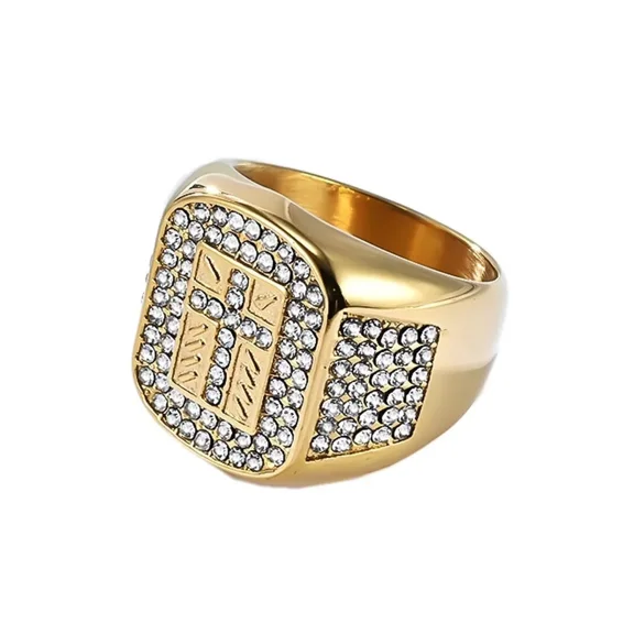 PAURO Men Stainless Steel Christian Cross Religious Wedding Band with Cubic Zirconia Statement Anniversary Ring Gold Size 7