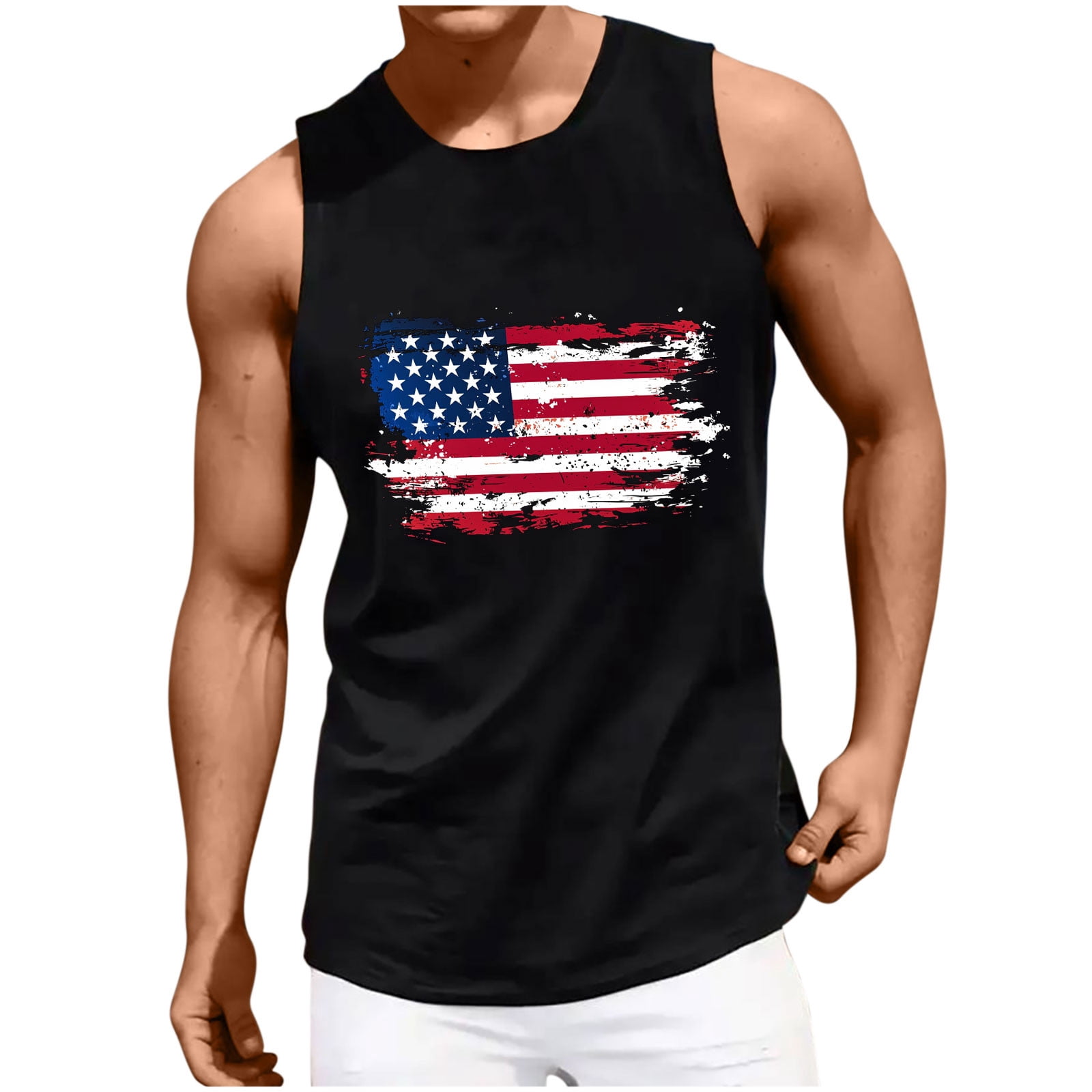 Busydd Independence Day Mens Tank Top Casual Sleeveless Round Neck 4th of July T Shirts for Man Trendy American Flag Print Patriotic Tops Summer Cotton Workout Tank