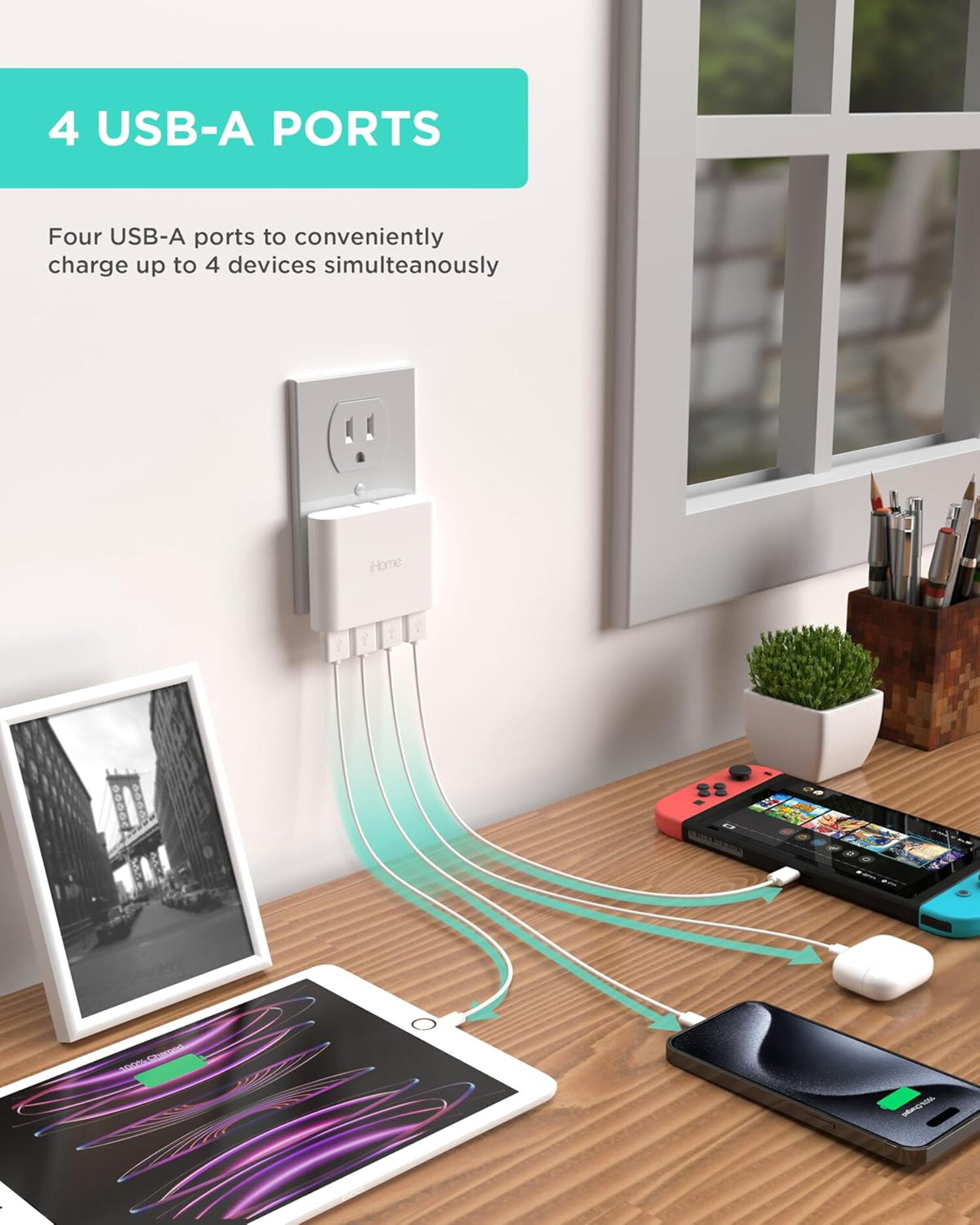 iHome Slim 4-Port USB Wall Charger, AC Pro Multiport Plug Adapter, Phone Charging Block with 4 Ports, Flat USB Wall Adapter for Home  Travel