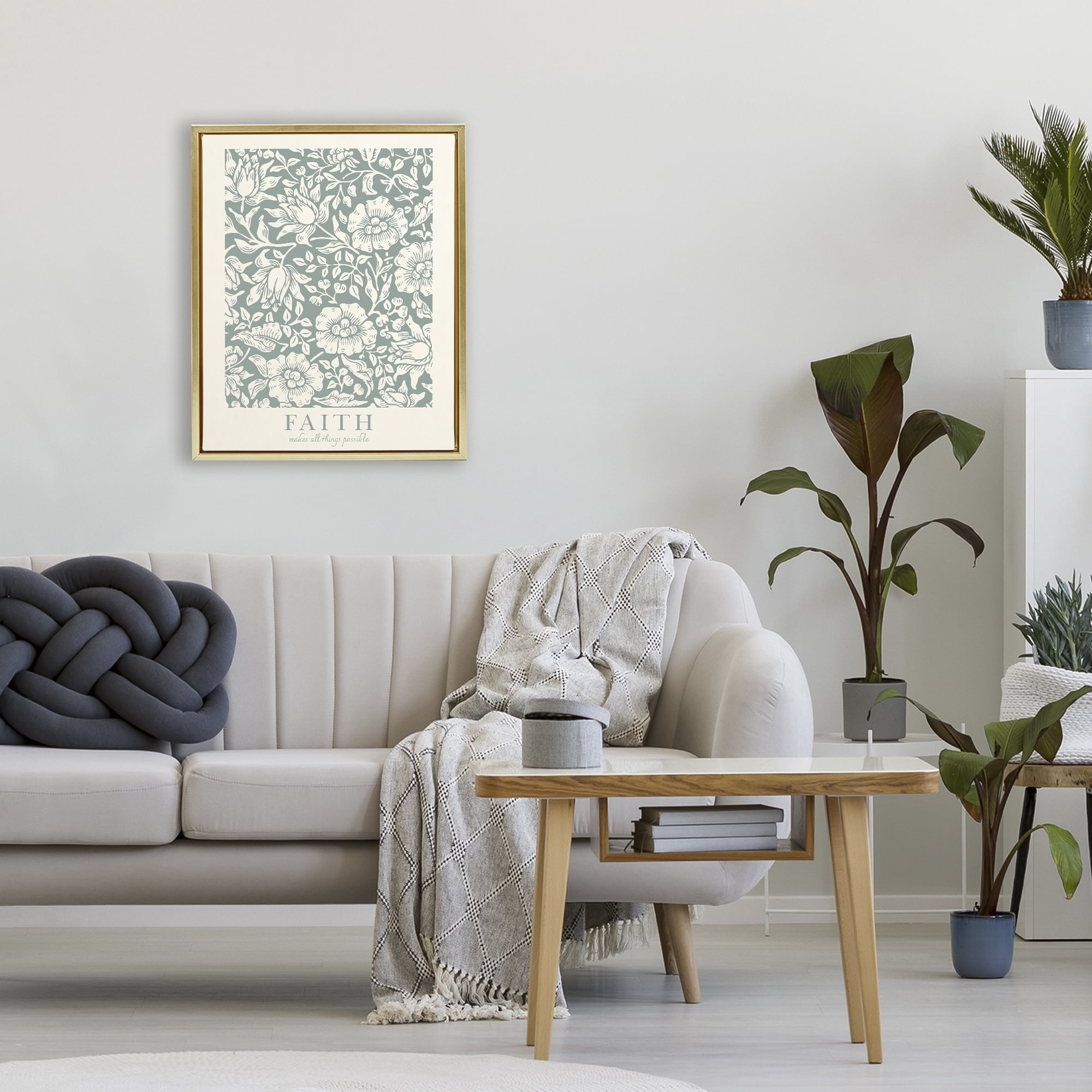Stupell Industries Faith Quote with Floral Pattern Gold Framed Floater Canvas Wall Art, design by Wild Apple Portfolio