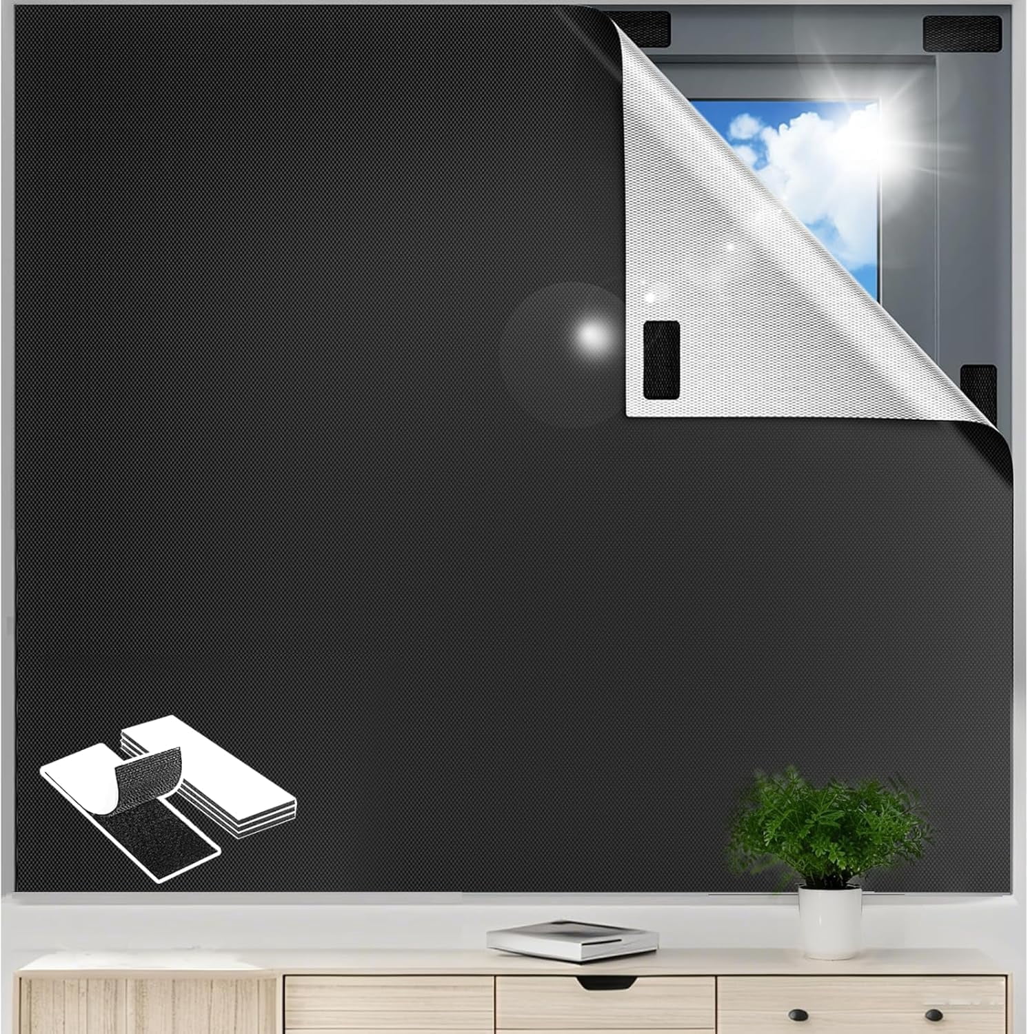 RGHJAR-Blackout Window Cover 400x148cm, Portable Blackout Curtains for Bedroom, Temporary Blackout Blinds Window Privacy Film, No Drill Blackout Shades for Media Room Travel Skylight, 30 Hook & Loops