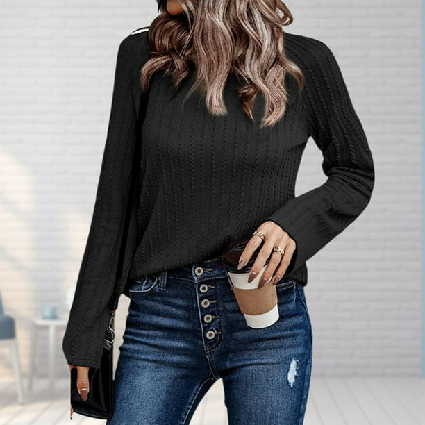 Haut Moulant Señoras Bodycon Top Cuello redondo Prendas de punto Top Camisa elegante Top plisado Traje diario Cgtredaw Negro L para Mujer