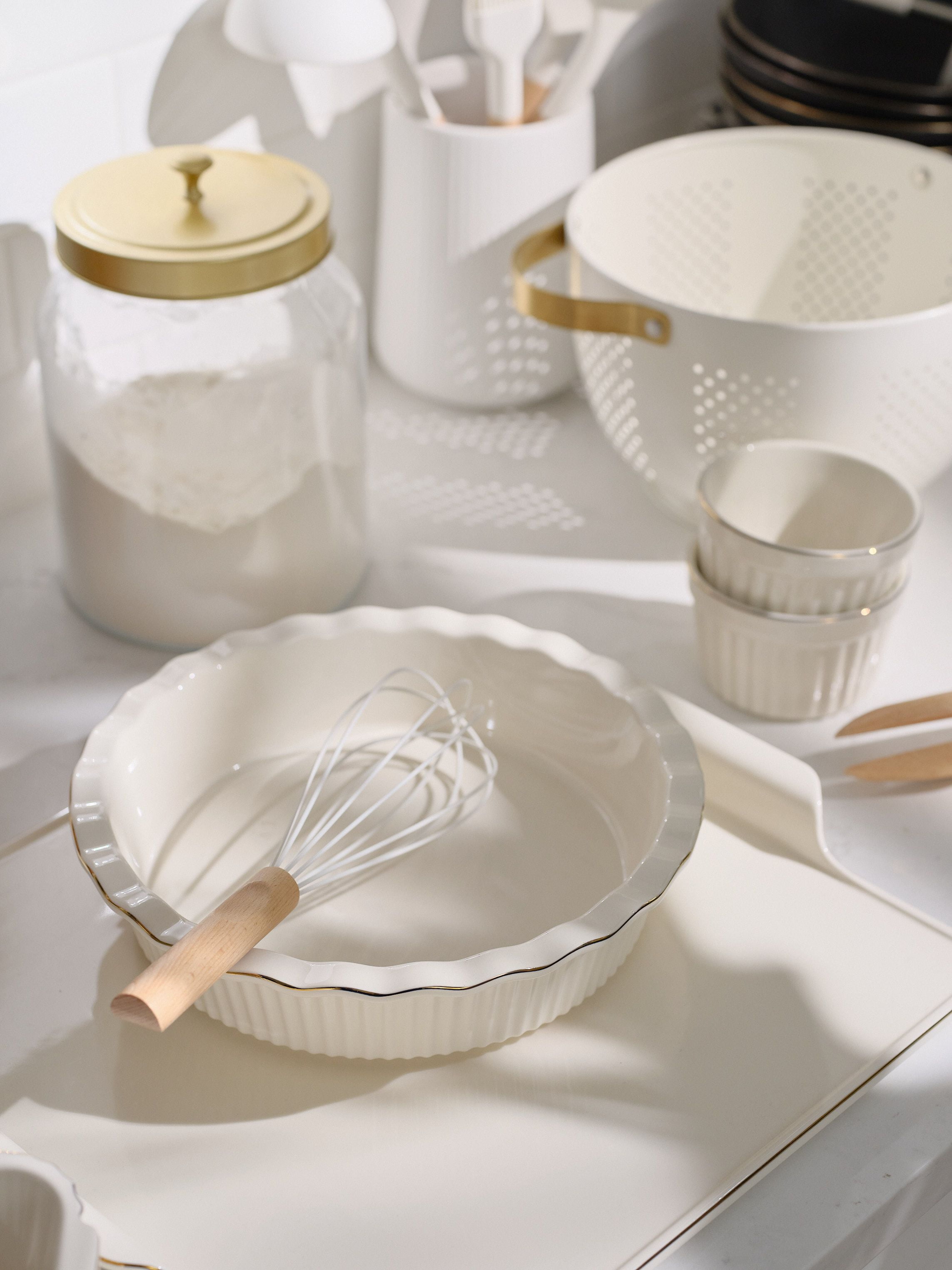 Thyme & Table Pie Dish and 2-Piece Ramekin Set, White Ribbed Ceramic