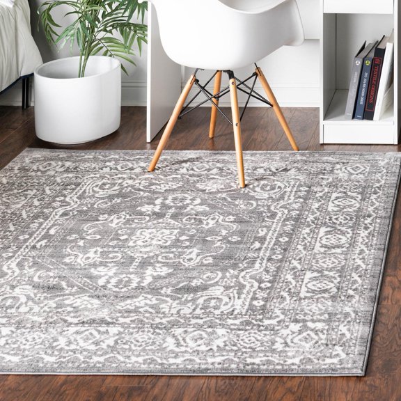 Unique Loom Boston Collection Area Rug - Medallion (5' 3" Square Gray/Ivory)