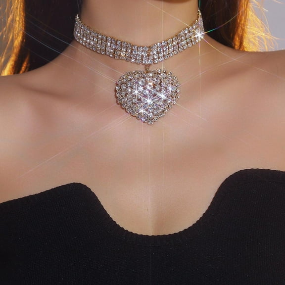Heavy Duty High Grade Luxury Sparkling Crystal Necklace Big Heart Pendant Party Prom Necklace Women's Necklace