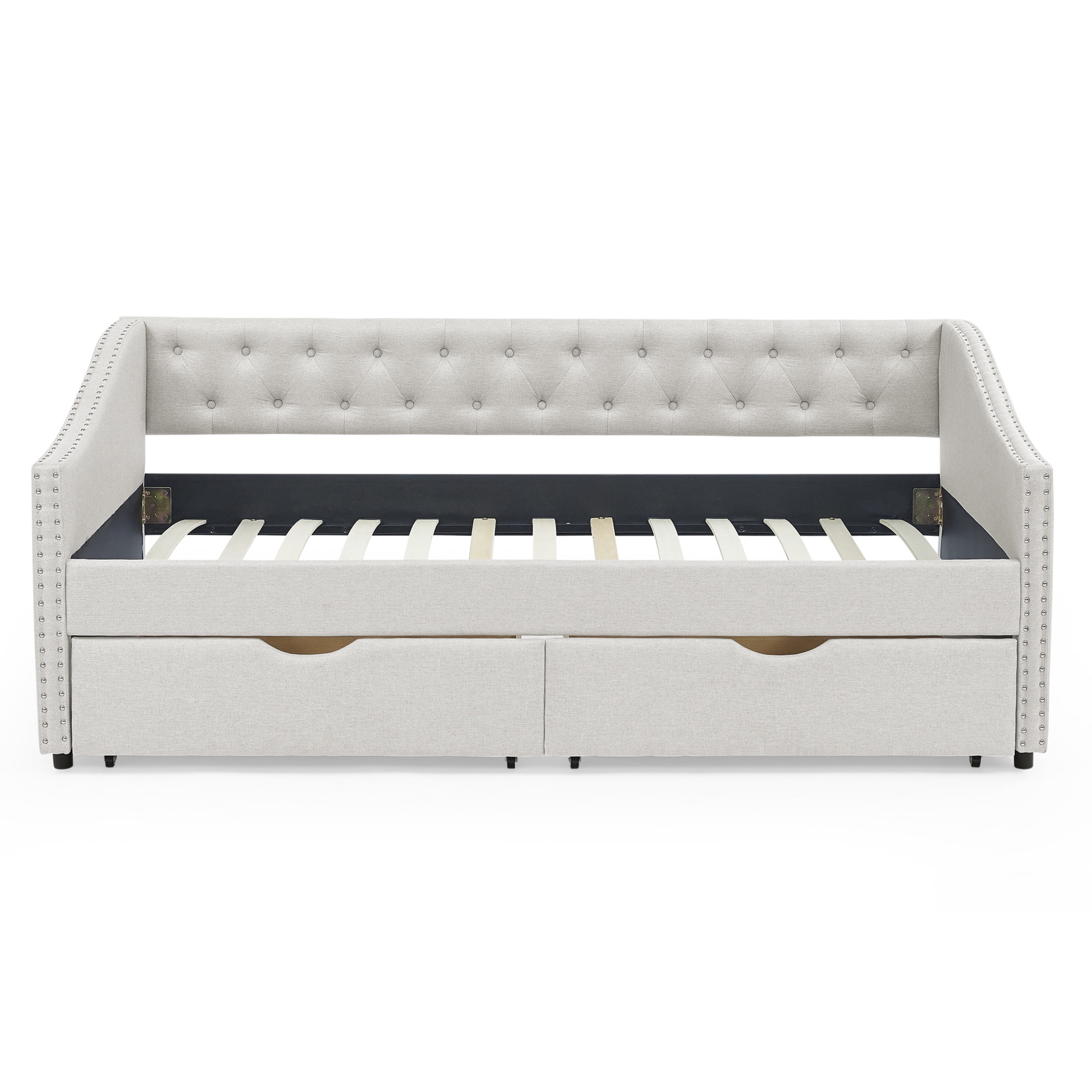 Noble House Twin Size Button Tufted Daybed, Linen Sofa Bed Frame with Storage Drawers and Nailhead Waved Arms, Beige