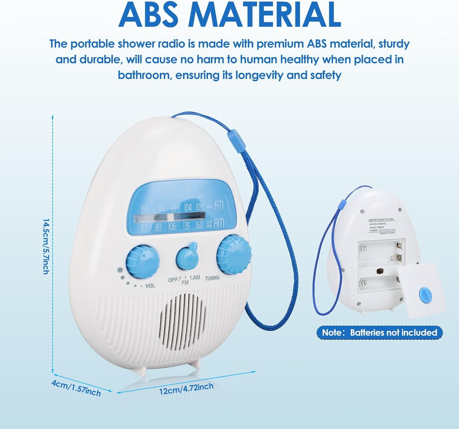 Waterproof Shower Radio, Portable AM/FM Bathroom Radio with Large Speaker for Crystal Clear Sound, Anti-Fog Design for Steamy Showers, Enjoy News & Music with Easy Knob Control.