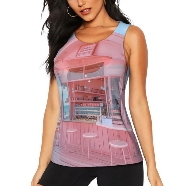 Fotbe Pastel Pink Beach Cafe Blusas Sin Mangas para Mujer – Estilo Casual, Corte Suelto, Slim-Fit, Cuello Redondo Deportivo, Tops de Verano para Gimnasio y Yoga-Medium