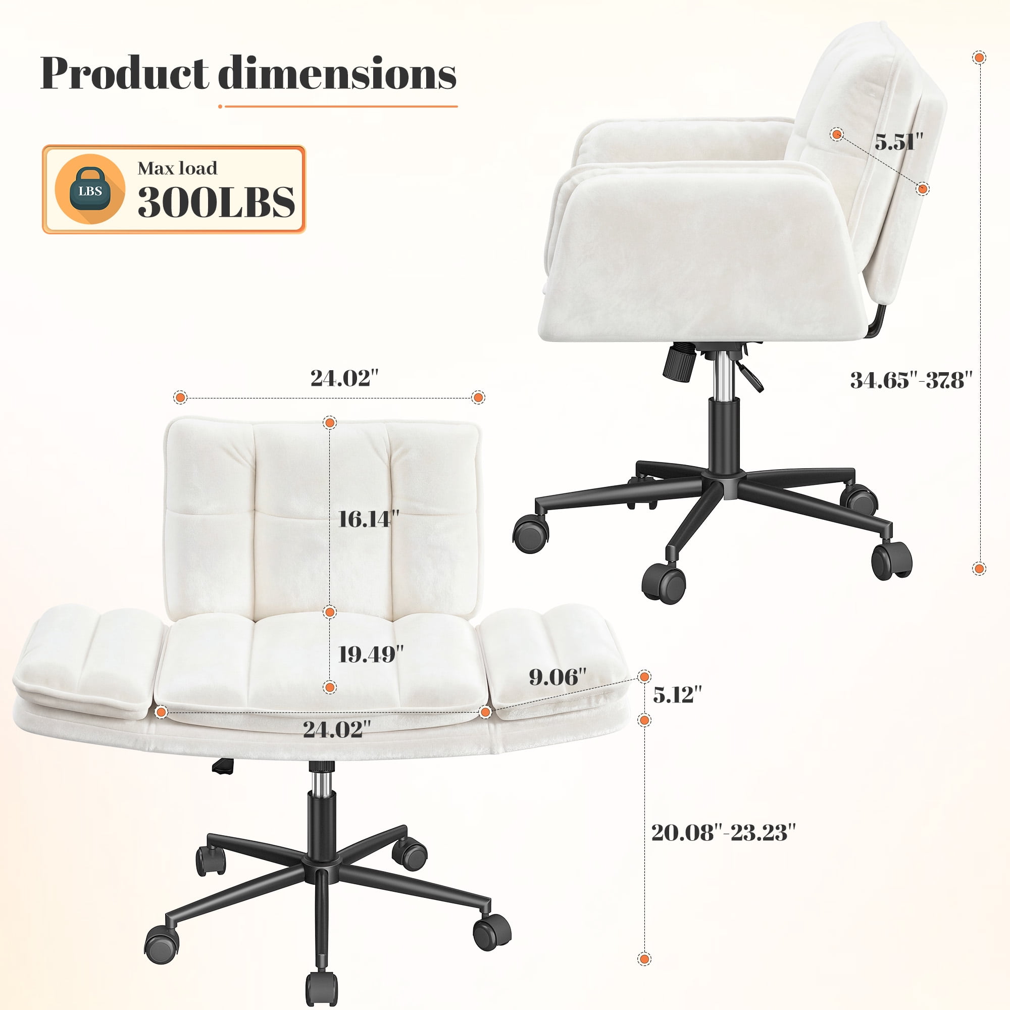 Romorgniz Criss Cross Chair with Wheels Plush Fleece Vanity Chair with 5-Gear Adjustable Armrests Ergonomic Office Chair for Home Office,White