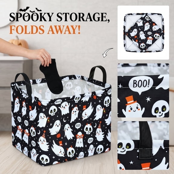 1 Pack Collapsible Storage Bin Halloween Basket with Ghost Prints Fabric Storage Basket for Halloween Party Decor Trick Or Treat Candy Organization and Storage for Bathroom