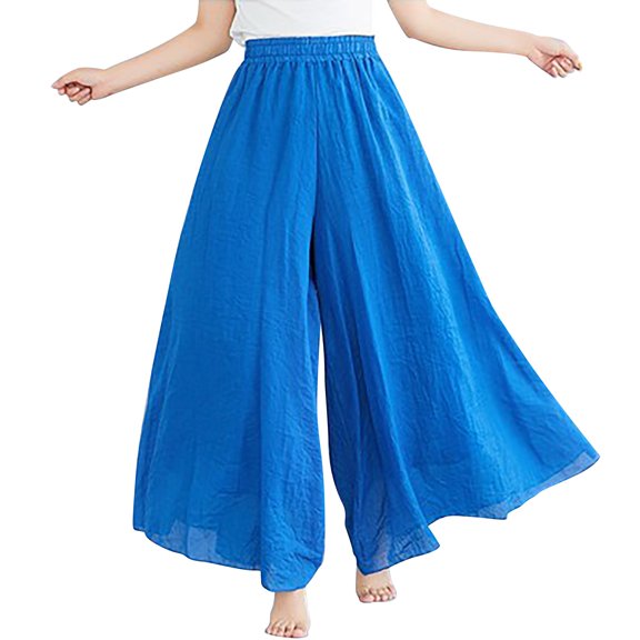 Casual Pants for Women Double Layer Elastic Waist Pocket Comfort Cotton Linen Casual Culottes